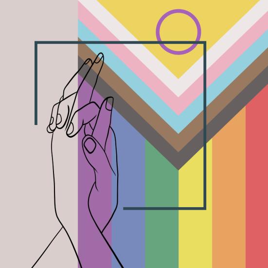 To hænder i stregtegning med krydsede fingre foran en farverig pride-baggrund.