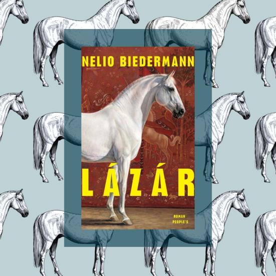 Bogcoveret "Lázár" af Nelio Biedermann omgivet af tegnede heste.