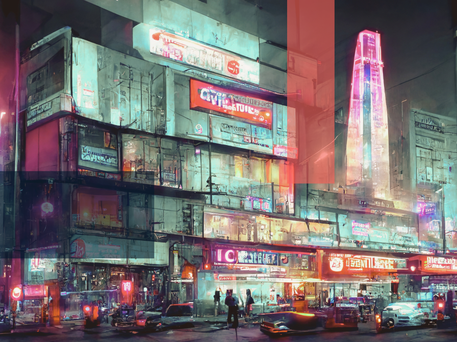 dystopisk fremtidsby med neonlys