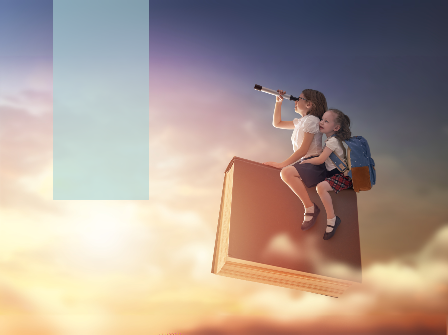 To børn rider på en stor bog mellem skyerne